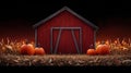 Red barn surrounded by pumpkins and hay on a dark autumn evening Royalty Free Stock Photo