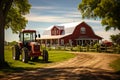 Red Barn and Tractor on a Country Farm. Royalty Free Stock Photo