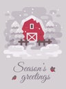 Red barn with trees in winter country landscape. Christmas card Royalty Free Stock Photo