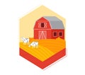 Red barn with two cows in front on a farm. Countryside agriculture scene with livestock. Farming life and rural