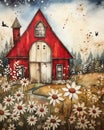 Red Barn White Door Roof Lori Early Daisies Rusty Color Enchante Royalty Free Stock Photo