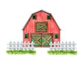 Red barn with white fence. Watercolor illustration. Vintage style farm, ranch house. Red wooden barn edged with white