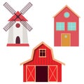 Red barn, windmill and farm house in flat style. Vector illustration Royalty Free Stock Photo