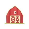 Red barn, wooden agricultural building with closed doors cartoon vector Illustration