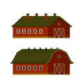 Red barns set. Wooden red Barn houses or stables in rustic retro style.
