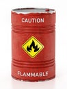 Red barrel with caution flammable warning text and fire symbol isolated on white background. 3D illustration