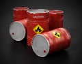 Red barrels with caution flammable warning text and fire symbol isolated on black background. 3D illustration