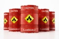 Red barrels with caution flammable warning text and fire symbol isolated on white background. 3D illustration