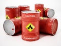 Red barrels with caution flammable warning text and fire symbol isolated on white background. 3D illustration