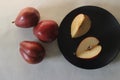 The Red Bartlett pear carries a true pyriform pear shape. A rounded bell on the bottom half of the fruit, then a definitive