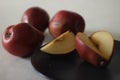 The Red Bartlett pear carries a true pyriform pear shape. A rounded bell on the bottom half of the fruit, then a definitive