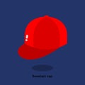 RED BASEBALL CAP ON BLUE BACKGROUND