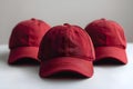 Red baseball cap mockup in three views isolated on white background. Concept Red baseball cap