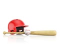 A red baseball helmet, wooden bat and white leather ball on a white background with copy space Royalty Free Stock Photo