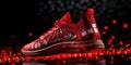 A red basketball shoe with a glowing red light. Generative AI image. Royalty Free Stock Photo