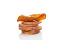 Red batata chips on white background