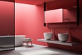 Red bathroom corner with tub, shower and sinks Royalty Free Stock Photo