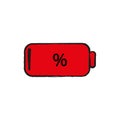 Red battery percent charge icon. Percent sign. Cell phone element. Flat design. Vector illustration. Stock image. Royalty Free Stock Photo