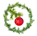 Red bauble in christmas wreath with fir tree branches. Watercolor Royalty Free Stock Photo