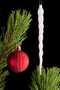 Red bauble and white icicle on pine branch