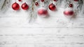 Red baubles and fir branch Christmas tree ornaments on white wooden table with snow, top view Christmas background. Generative AI Royalty Free Stock Photo