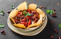 Red bean with nachos or pita chips, pepper and greens on plate over dark background. Mexican snack, Vegetarian food Royalty Free Stock Photo