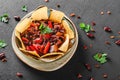 Red bean with nachos or pita chips, pepper and greens on plate over dark background. Mexican snack, Vegetarian food Royalty Free Stock Photo