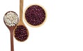 Red bean seed and Job`s tears seed in wooden spoon isolate on white background