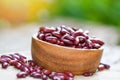 Red bean in a wooden bowl with nature green background - Grains red kidney beans Royalty Free Stock Photo