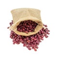 Red beans in burlap sacks jute isolated on white background Royalty Free Stock Photo