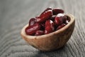 Red beans from can in wood bowl Royalty Free Stock Photo