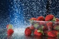 Strawberries in a plastic box closeup under the water drops in a dark blue background. Healthy lifestyle. Multivitamin cocktail. S Royalty Free Stock Photo