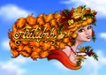 Girl autumn color and letter Autumn on sky Royalty Free Stock Photo