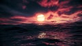 Red beautiful sunset over ocean seamless loop with red sky and sea with waves