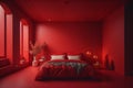 Red bedroom interior with red walls, a comfortable bed with red pillows and a vase with flowers. generative ai Royalty Free Stock Photo