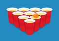 Red beer pong illustration. Plastic cups and ball with splashing beer. Traditional party drinking game. Vector Royalty Free Stock Photo