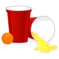 Red Beer Pong plastic cup with Ball and Spill of Beer Royalty Free Stock Photo