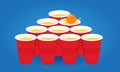 Red beer pong pyramyd illustration. Plastic cups and ball with splashing beer. Traditional party drinking game. Vector Royalty Free Stock Photo