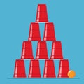 Red beer pong pyramyd illustration. Plastic cups and ball. Traditional party drinking game. Vector Royalty Free Stock Photo