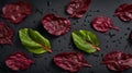 Red beet leaves on black, flat lay, AI generative