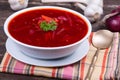 Red beet soup, borscht on the table Royalty Free Stock Photo