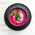 Red beet soup with sour cream. Ukrainian cuisine, Borsch soup. Top view. Royalty Free Stock Photo