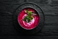 Red beet soup with sour cream. Ukrainian cuisine, Borsch soup. Top view. Free space for your text. Royalty Free Stock Photo