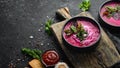 Red beet soup with sour cream. Ukrainian cuisine, Borsch soup. Top view. Free space for your text. Royalty Free Stock Photo