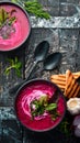 Red beet soup with sour cream. Ukrainian cuisine, Borsch soup. Top view. Free space for your text. Royalty Free Stock Photo