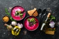 Red beet soup with sour cream. Ukrainian cuisine, Borsch soup. Top view. Royalty Free Stock Photo