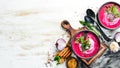 Red beet soup with sour cream. Ukrainian cuisine, Borsch soup. Top view. Free space for your text. Royalty Free Stock Photo