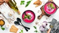 Red beet soup with sour cream. Ukrainian cuisine, Borsch soup. Top view. Free space for your text. Royalty Free Stock Photo