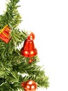 Red bell, baubles hanging on Christmas tree Royalty Free Stock Photo