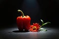 Red bell pepper and gerbera daisy on dark background with dramatic lighting Royalty Free Stock Photo